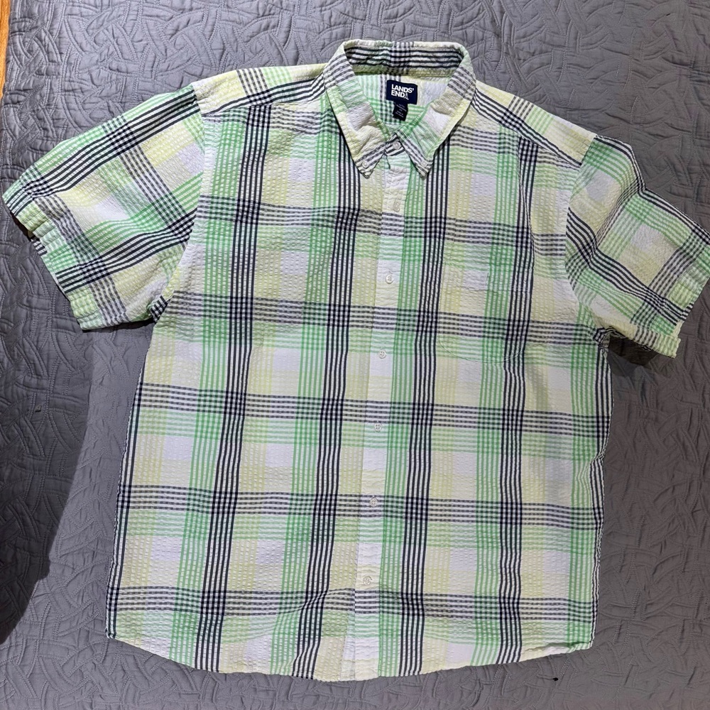 Lands' End Green, Navy, Yellow, and White Plaid Casual Shirt